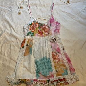 Z&L‎ Ruffle Patchwork Floral White Mini Dress Boho Festival Sundress Cotton Lace